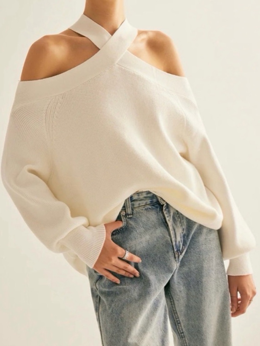 Commense Cream Off-Shoulder Cross-Strap Sweater